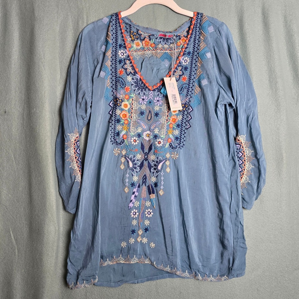 Johnny Was‎ Blue Embroidered Cupra Rayon Boho Tunic Top C15118-9 Small NEW